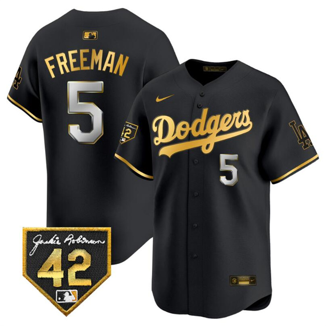 Men's Los Angeles Dodgers #5 Freddie Freeman Black/Gold With Jackie Robinson Patch Limited Stitched Baseball Jersey Men's Los Angeles Dodgers #5 Freddie Freeman Black/Gold With Jackie Robinson Patch Limited Stitched Baseball Jersey